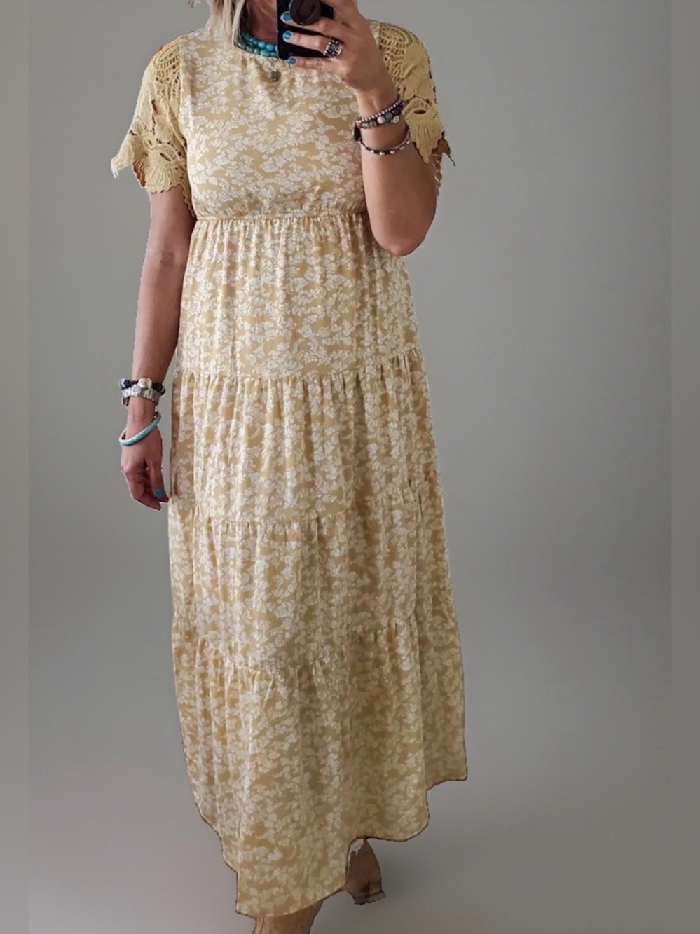 Mustard Floral Tiered Maxi Dress with Lace Sleeves